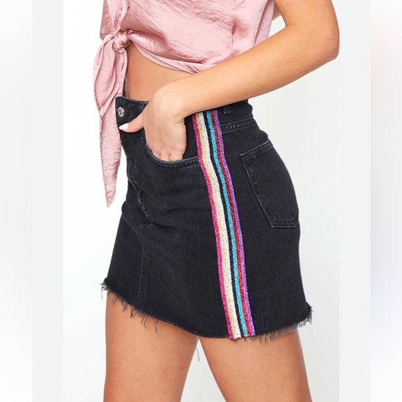 Topshop Dresses & Skirts - Topshop Moto Rainbow Metallic Glitter Stripe Trim Black Denim Mini Skirt